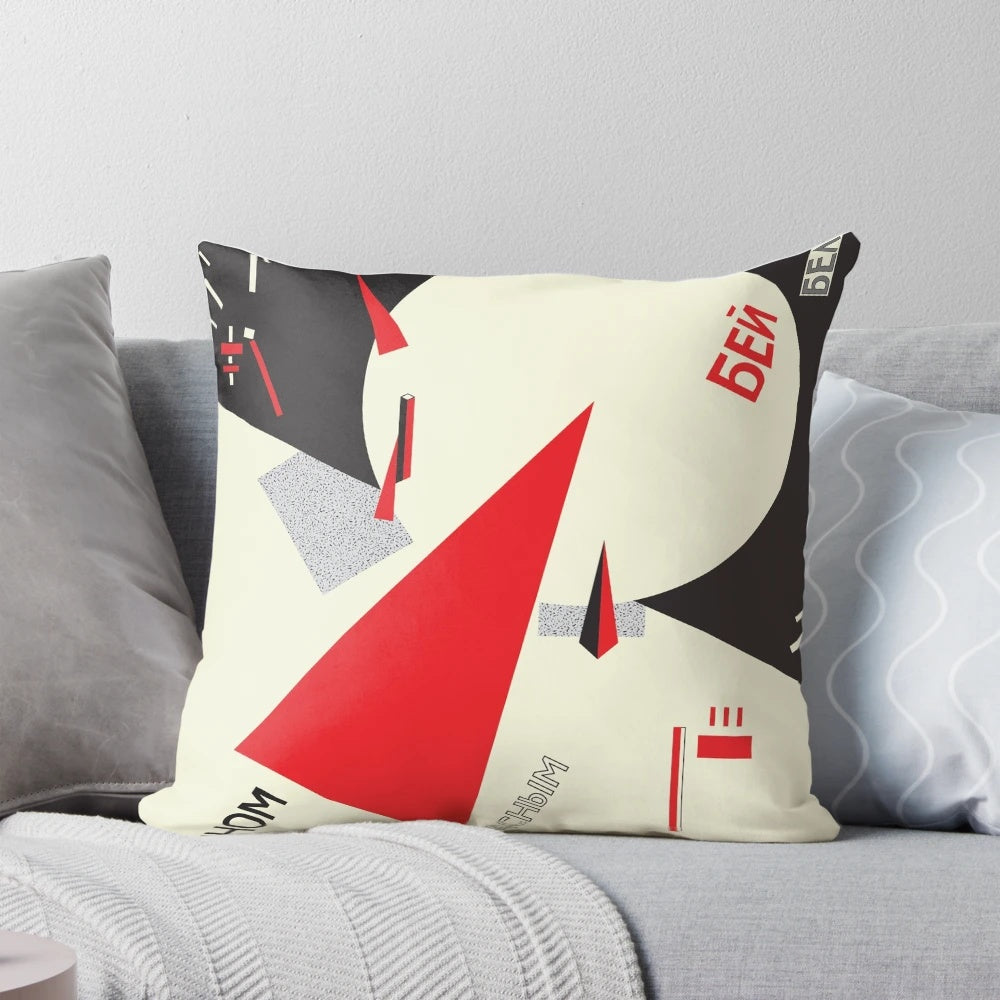 Vibrant red and geometric Constructivist style pillow featuring elements of Suprematism and Russian avant-garde art.