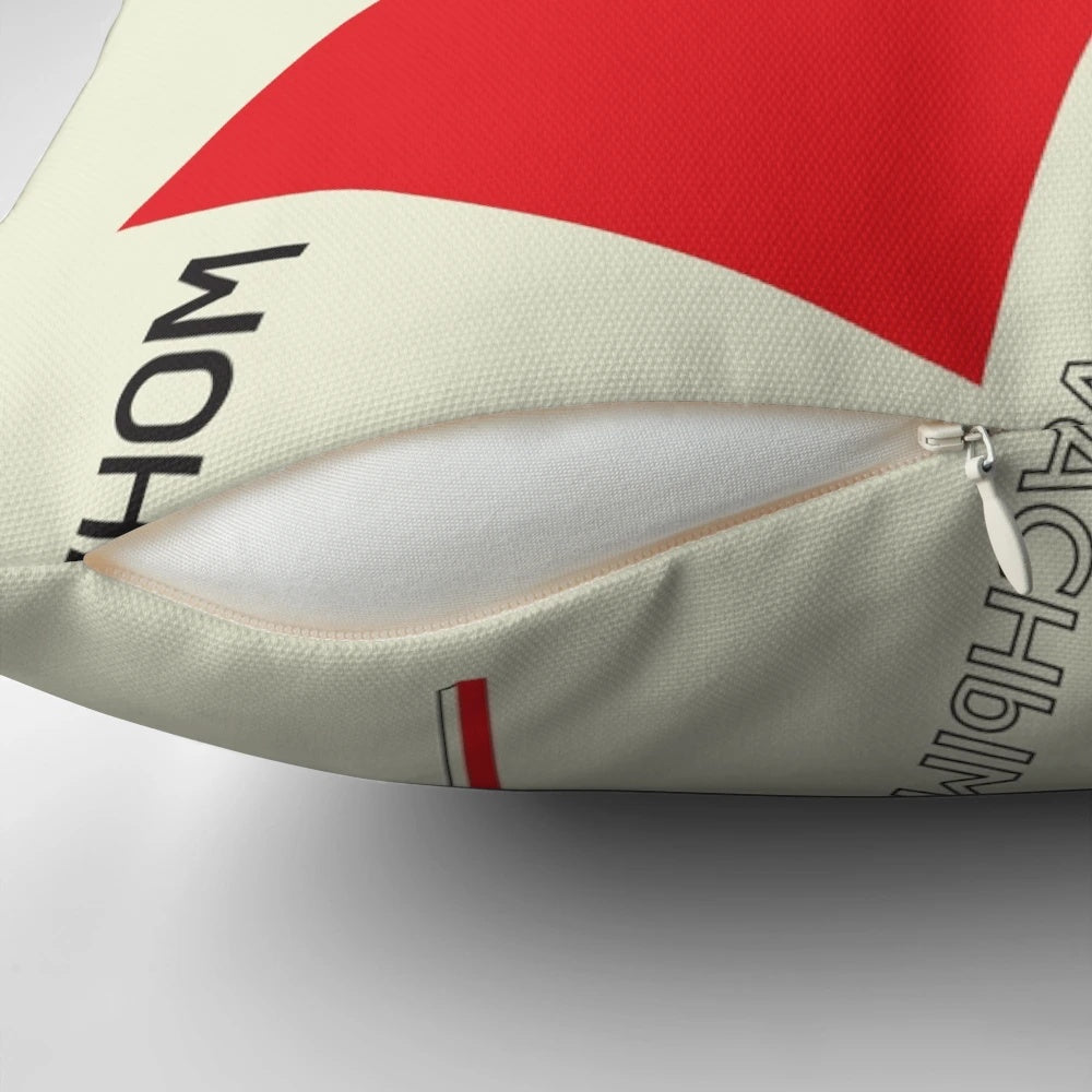 Vibrant red and geometric Constructivist style pillow featuring elements of Suprematism and Russian avant-garde art.