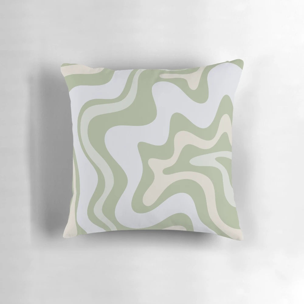 Vibrant contemporary abstract pattern in soothing sage green and grey almond colors on a decorative pillow