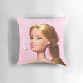 A decorative pillow featuring a surreal, minimalist illustration of a grown-up doll with tattoos and smoke