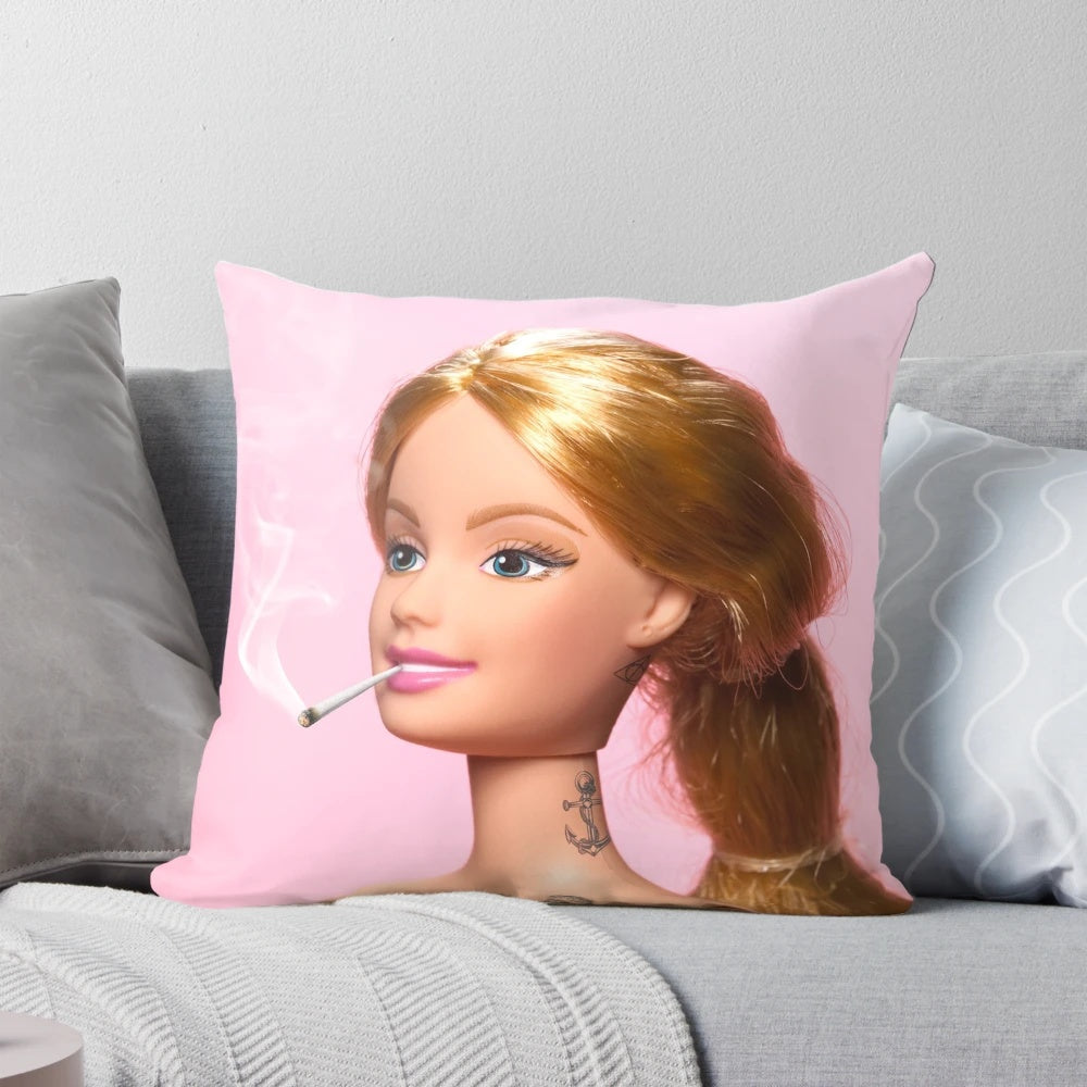 A decorative pillow featuring a surreal, minimalist illustration of a grown-up doll with tattoos and smoke