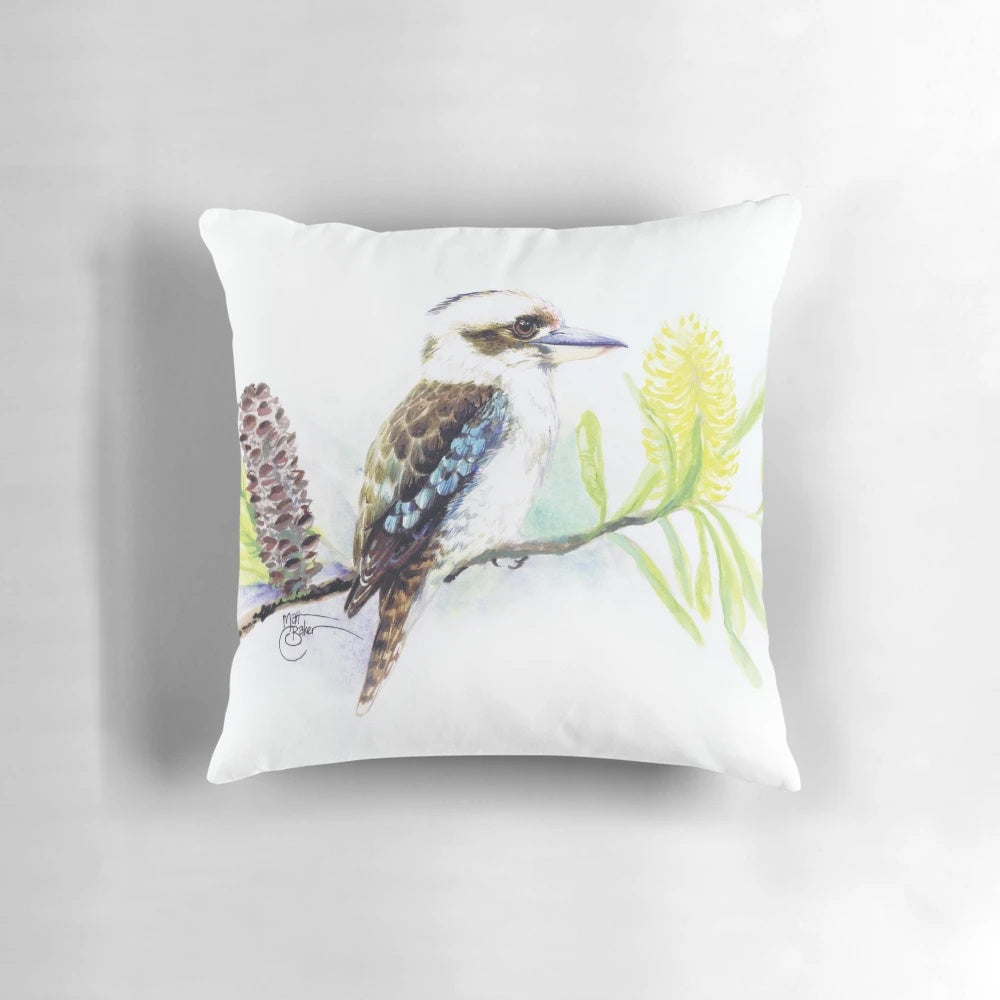 A watercolor painting of a contented kookaburra perched on a banksia cone, an iconic Australian bird.