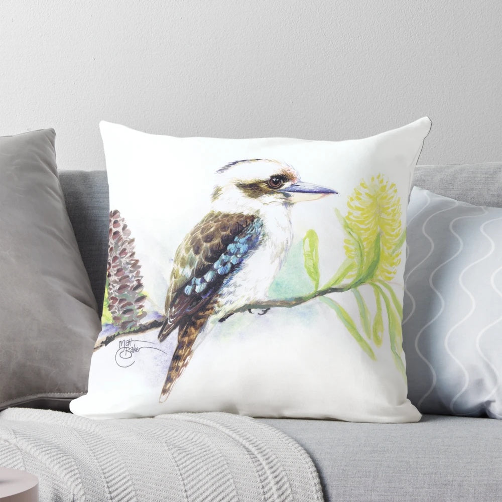 A watercolor painting of a contented kookaburra perched on a banksia cone, an iconic Australian bird.
