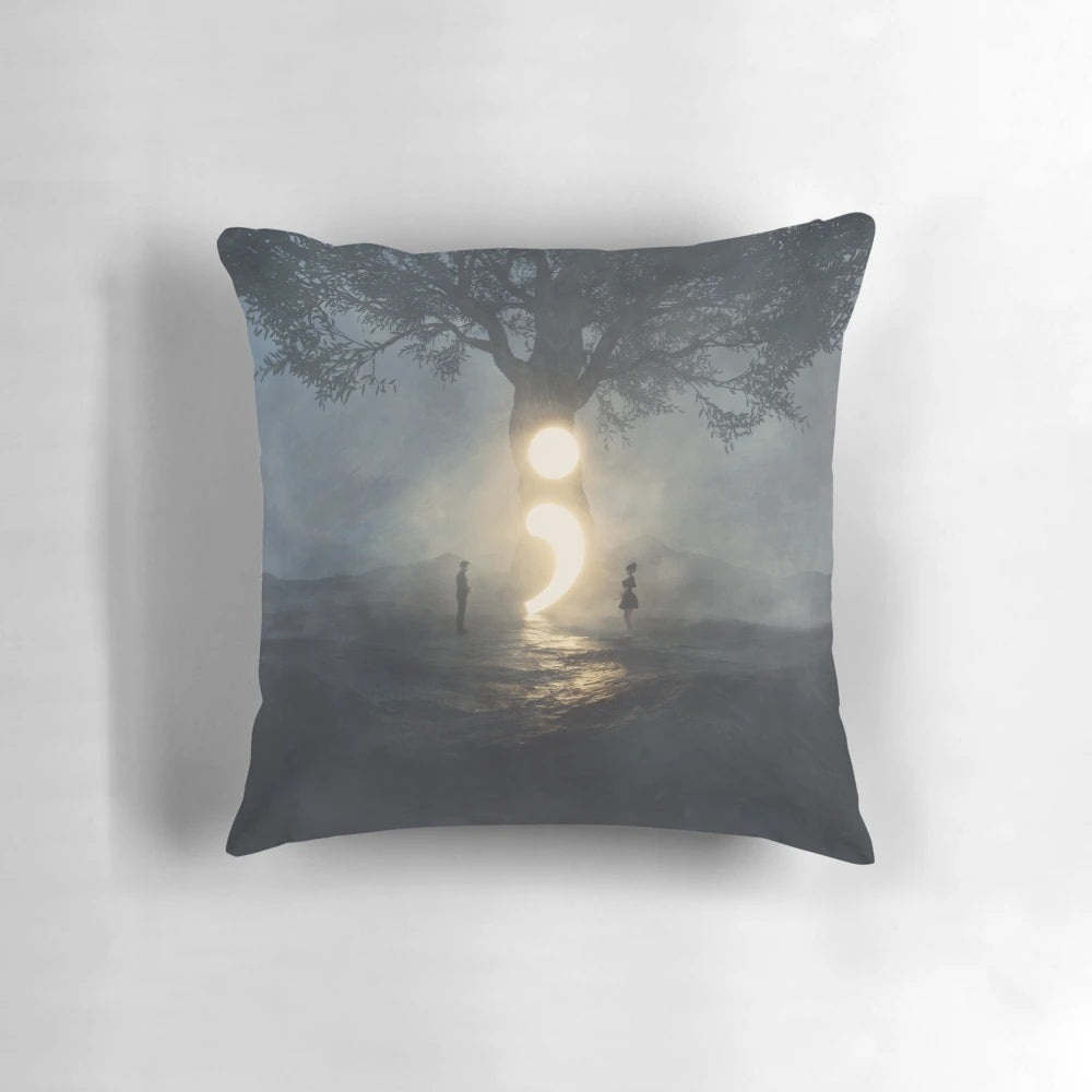 Semicolon - Continue Pillow featuring a couple under a tree with inspirational typography