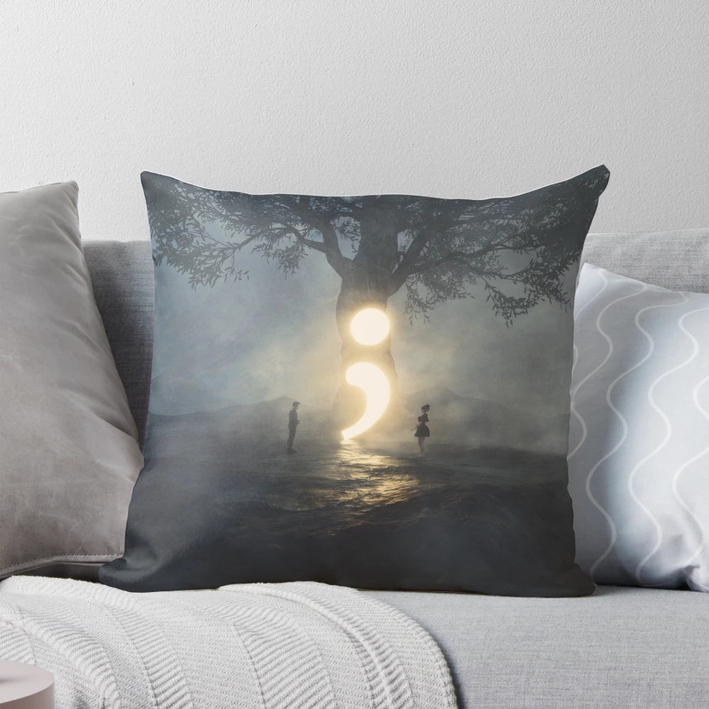 Semicolon - Continue Pillow featuring a couple under a tree with inspirational typography