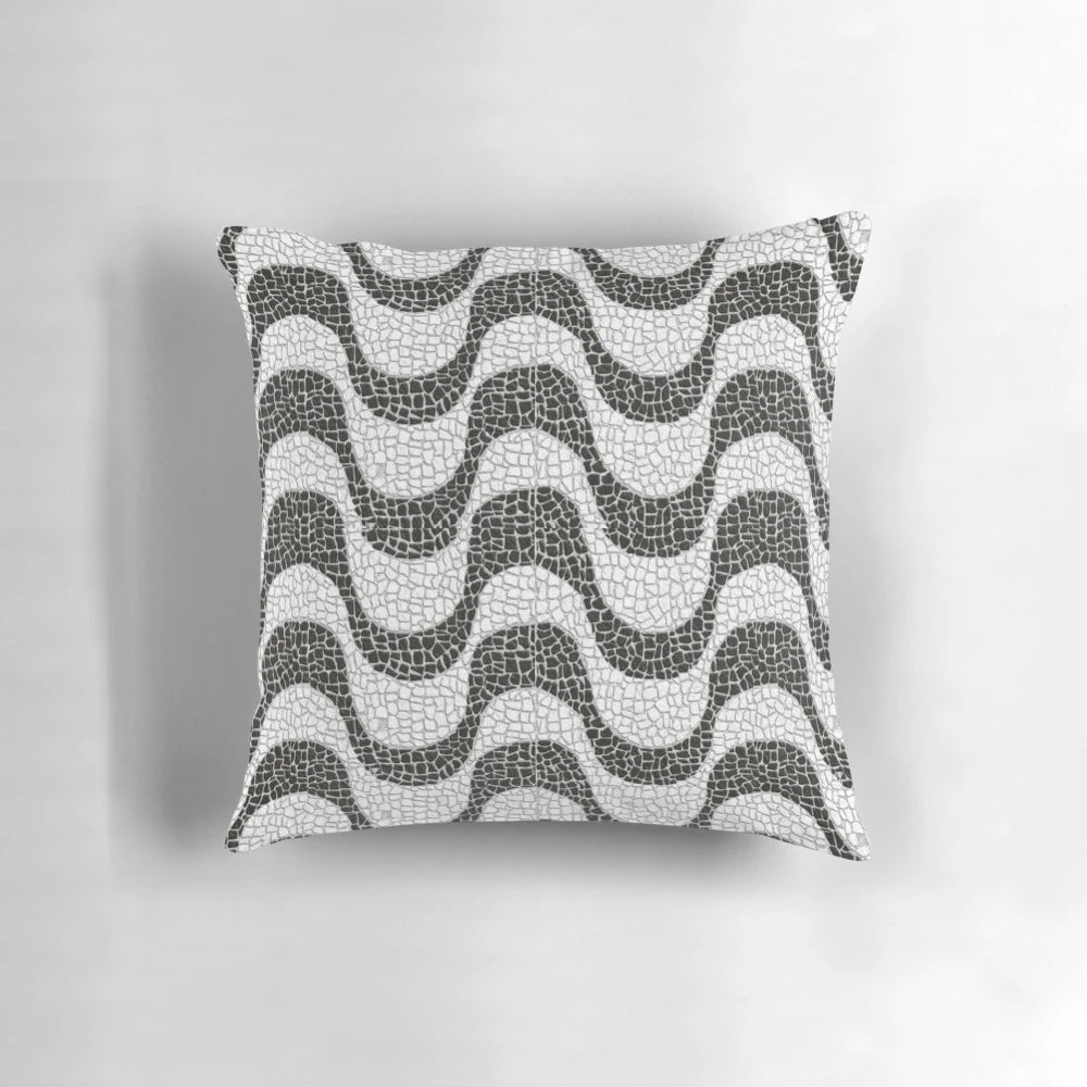 Copacabana Beach Sidewalk Throw Pillow with Black and White Portuguese Wave Pattern
