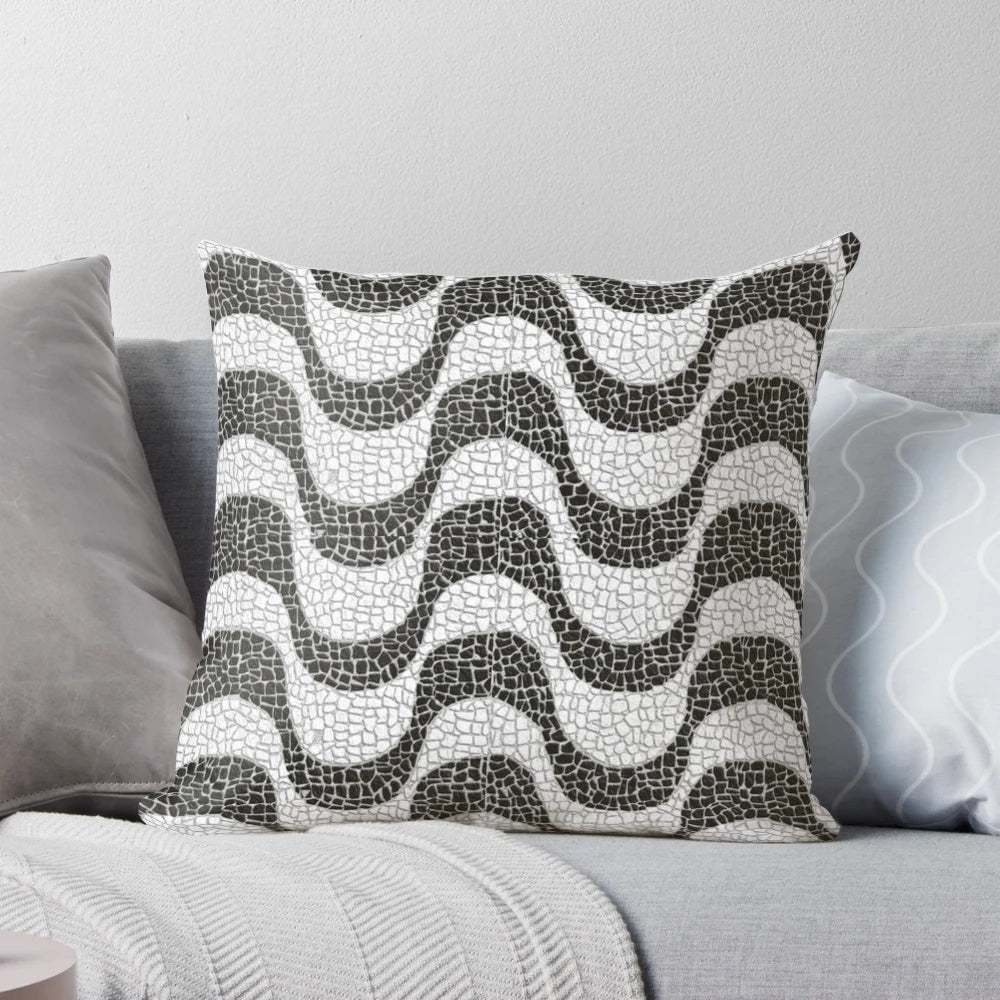 Copacabana Beach Sidewalk Throw Pillow with Black and White Portuguese Wave Pattern