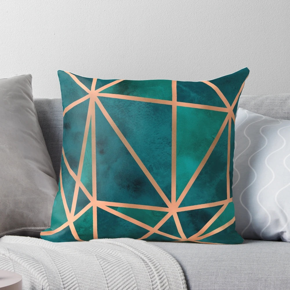 Copper and emerald geometric design throw pillow, featuring a modern, textured pattern for a stylish home accent.
