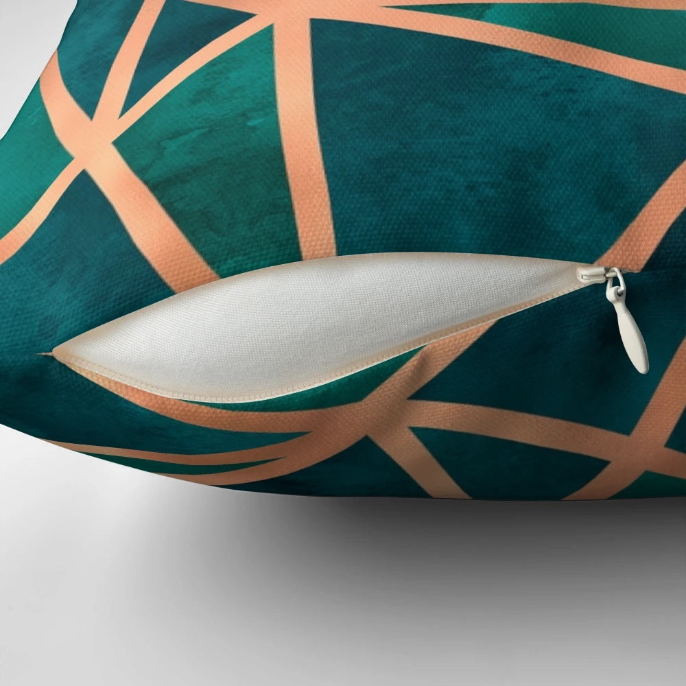 Copper and emerald geometric design throw pillow, featuring a modern, textured pattern for a stylish home accent.