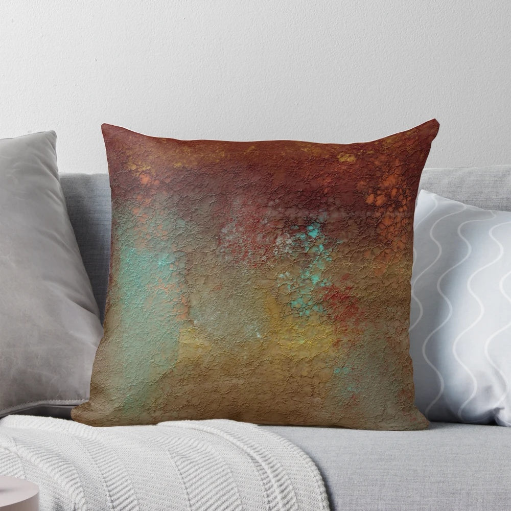Copper, turquoise, and gold textured pillow featuring natural organic artwork