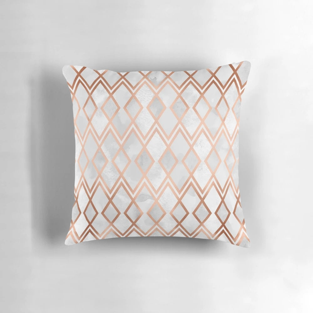 Copper and white geometric diamond-patterned decorative pillow