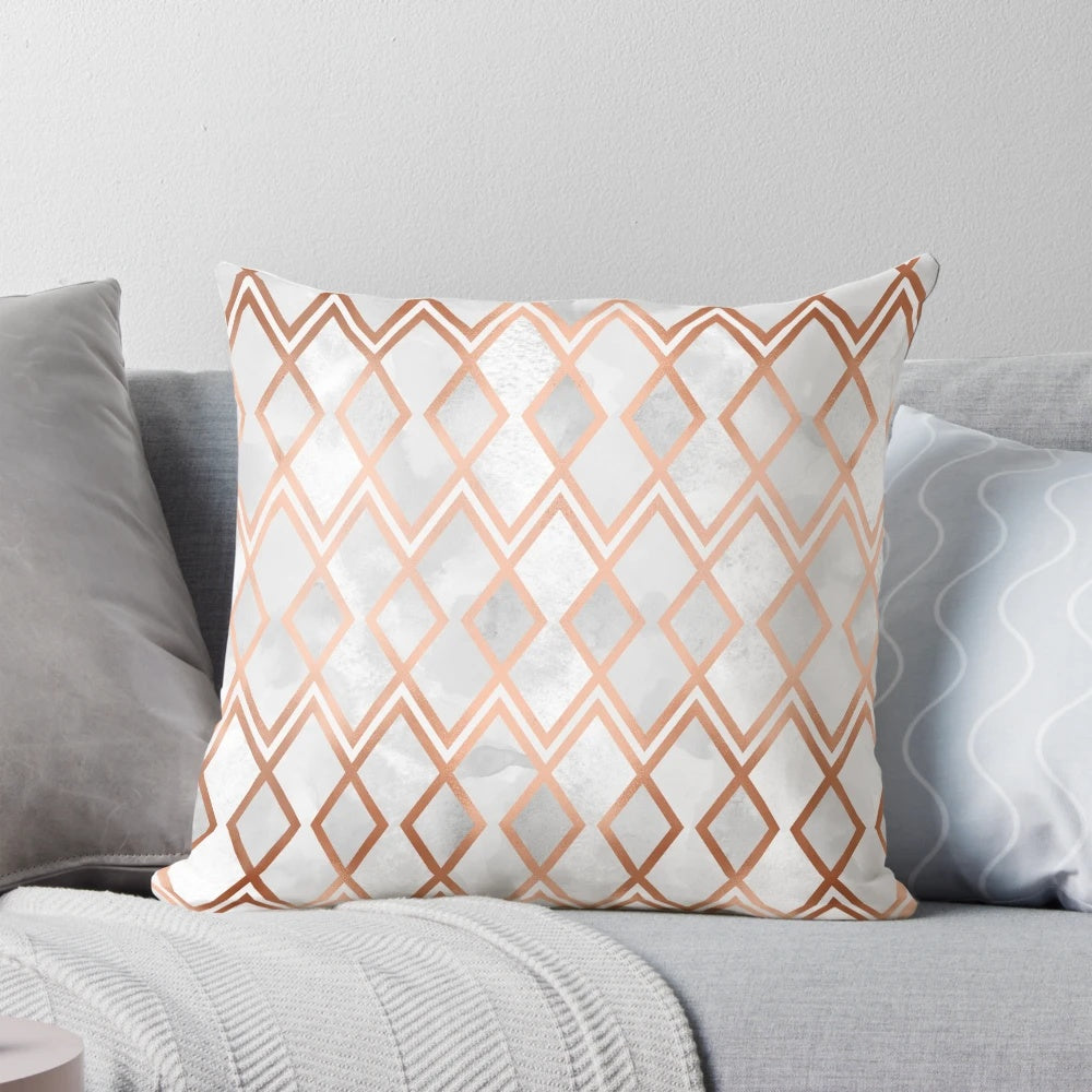 Copper and white geometric diamond-patterned decorative pillow
