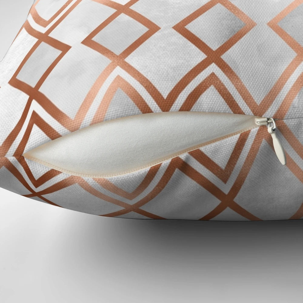 Copper and white geometric diamond-patterned decorative pillow
