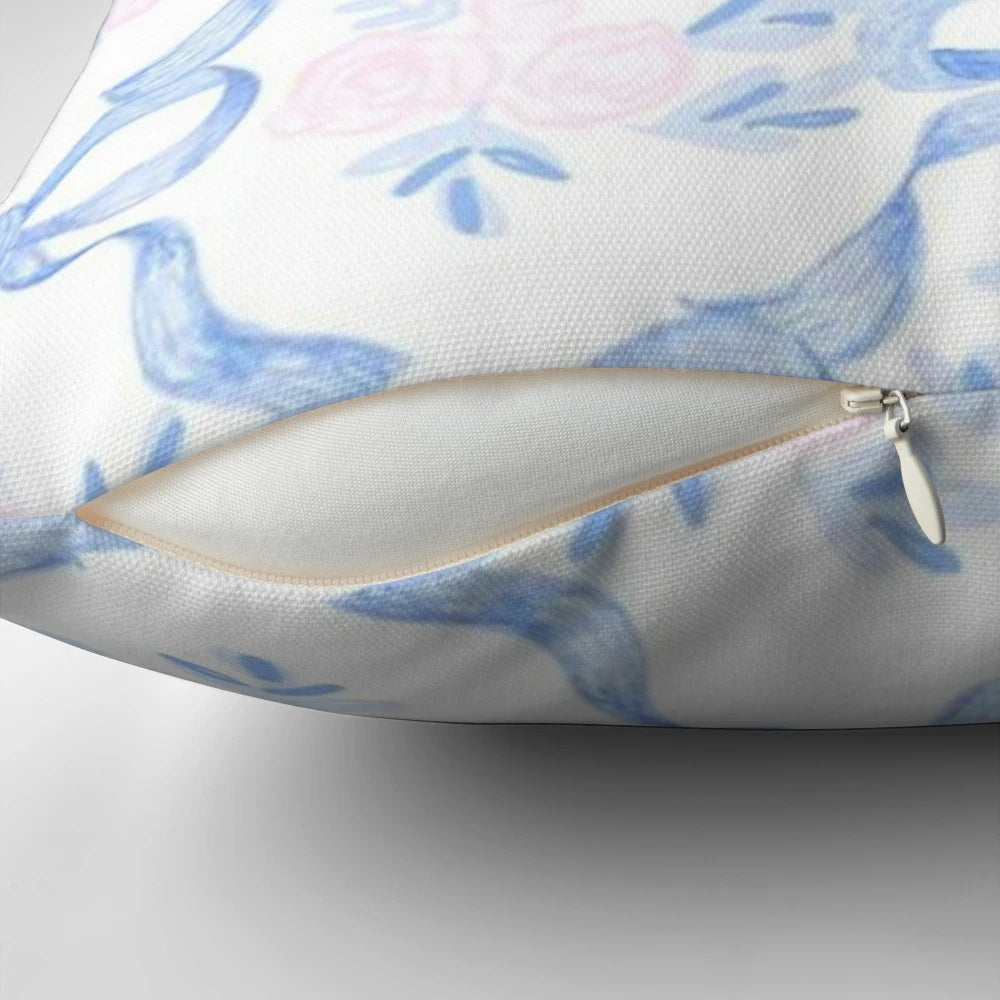 A pink and white pillow with a coquette balletcore pattern, featuring bows and ribbons for a soft, feminine touch.