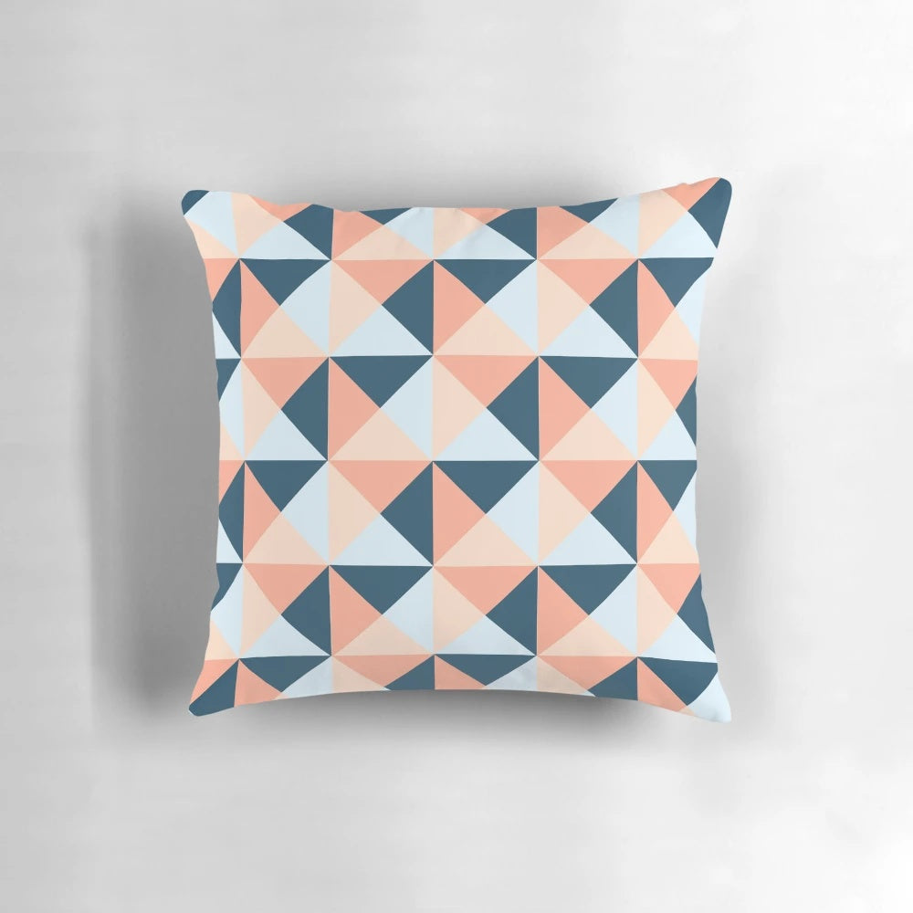 Coral blue and peach colored geometric triangles pattern throw pillow