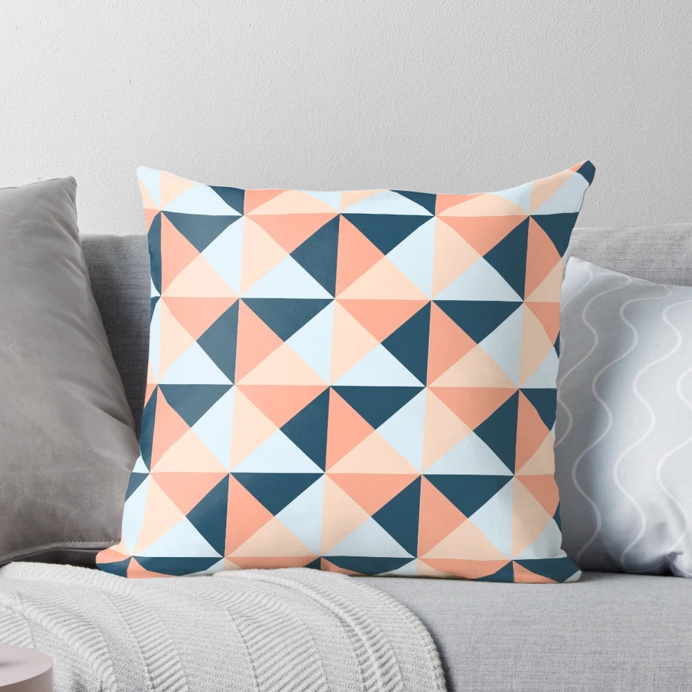 Coral blue and peach colored geometric triangles pattern throw pillow