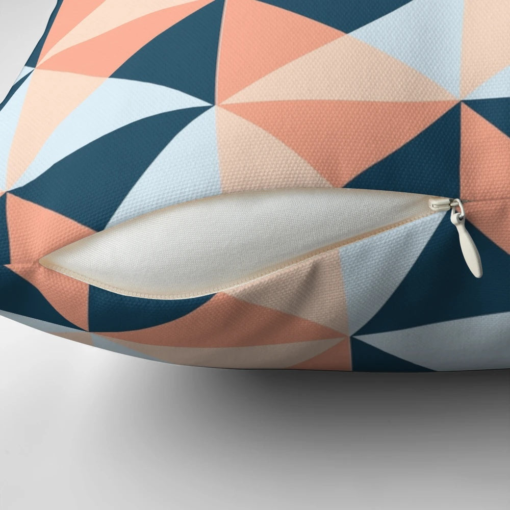 Coral blue and peach colored geometric triangles pattern throw pillow