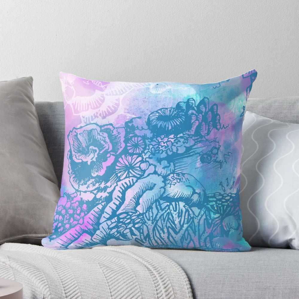Vibrant watercolor painting featuring coral garden and Australian wildlife like whalesharks, humpback whales, and turtles