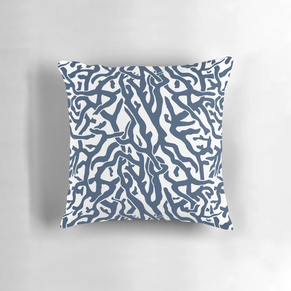 Coral reef pattern navy blue and white coastal beach house pillow