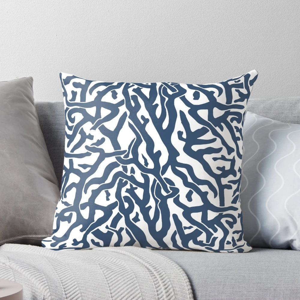 Coral reef pattern navy blue and white coastal beach house pillow