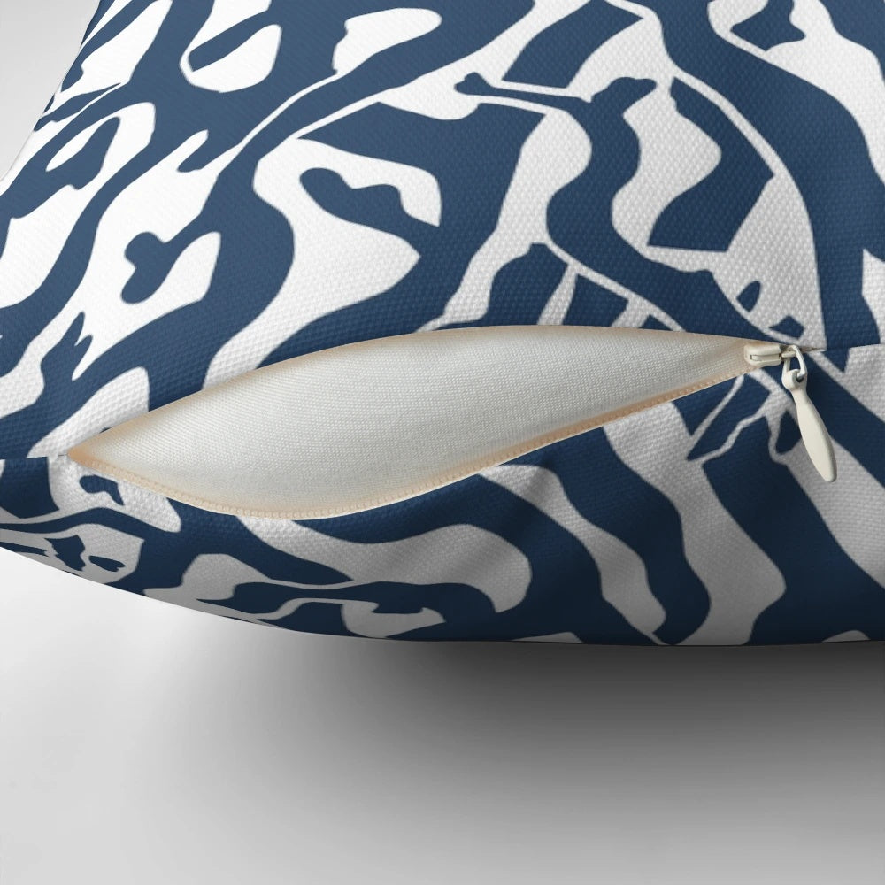 Coral reef pattern navy blue and white coastal beach house pillow