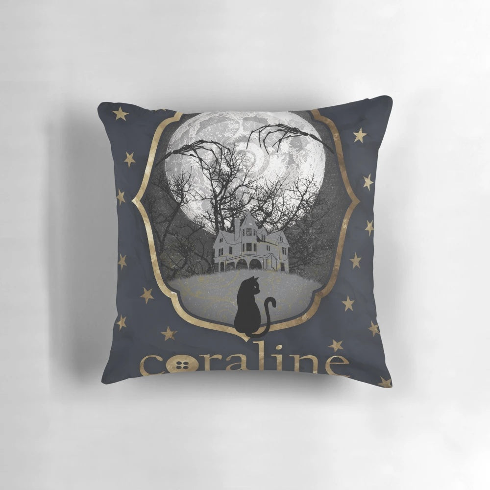 Coraline fanart pillow cover featuring a minimalist black cat design on a dark background with stars.
