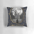 Coraline fanart pillow cover featuring a minimalist black cat design on a dark background with stars.