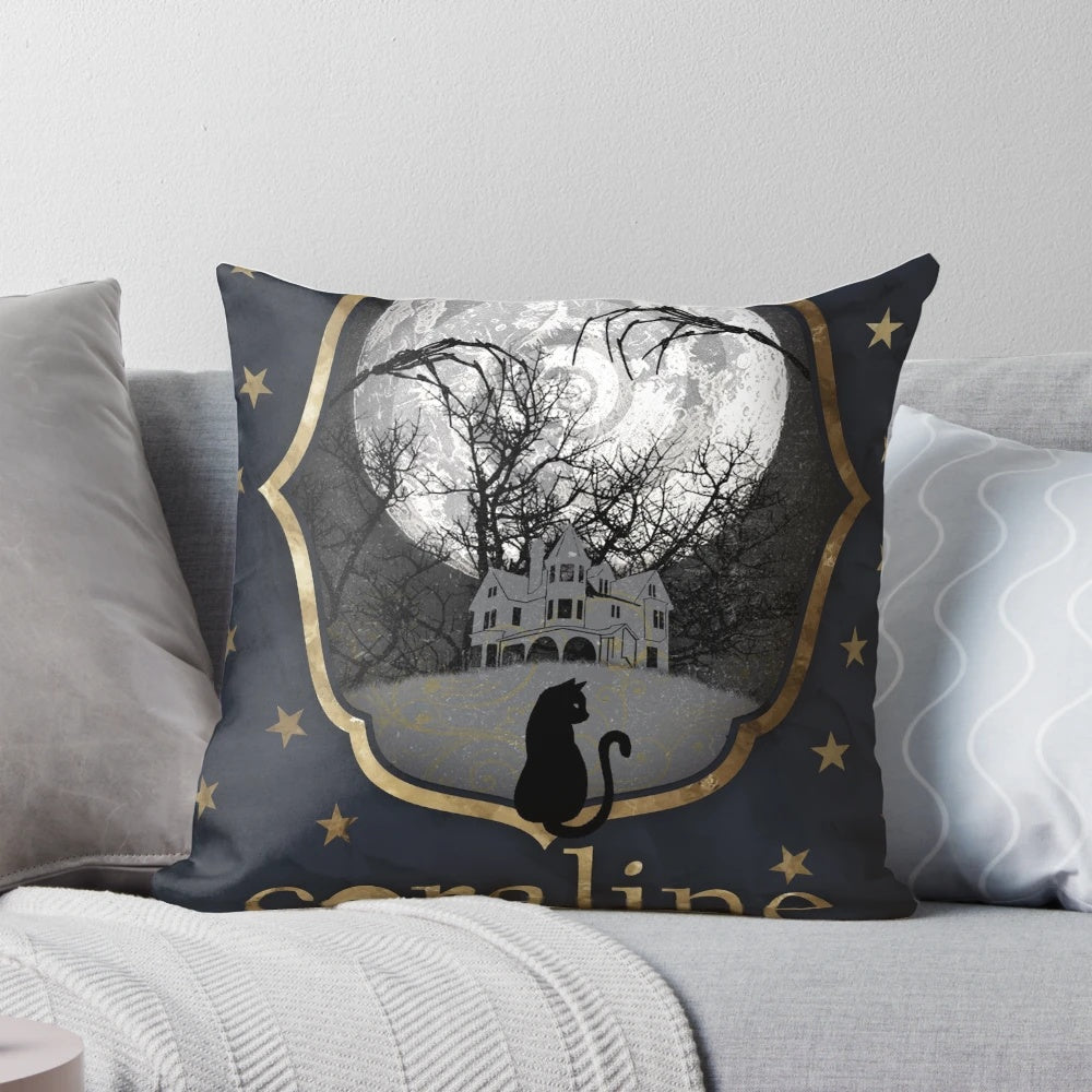 Coraline fanart pillow cover featuring a minimalist black cat design on a dark background with stars.