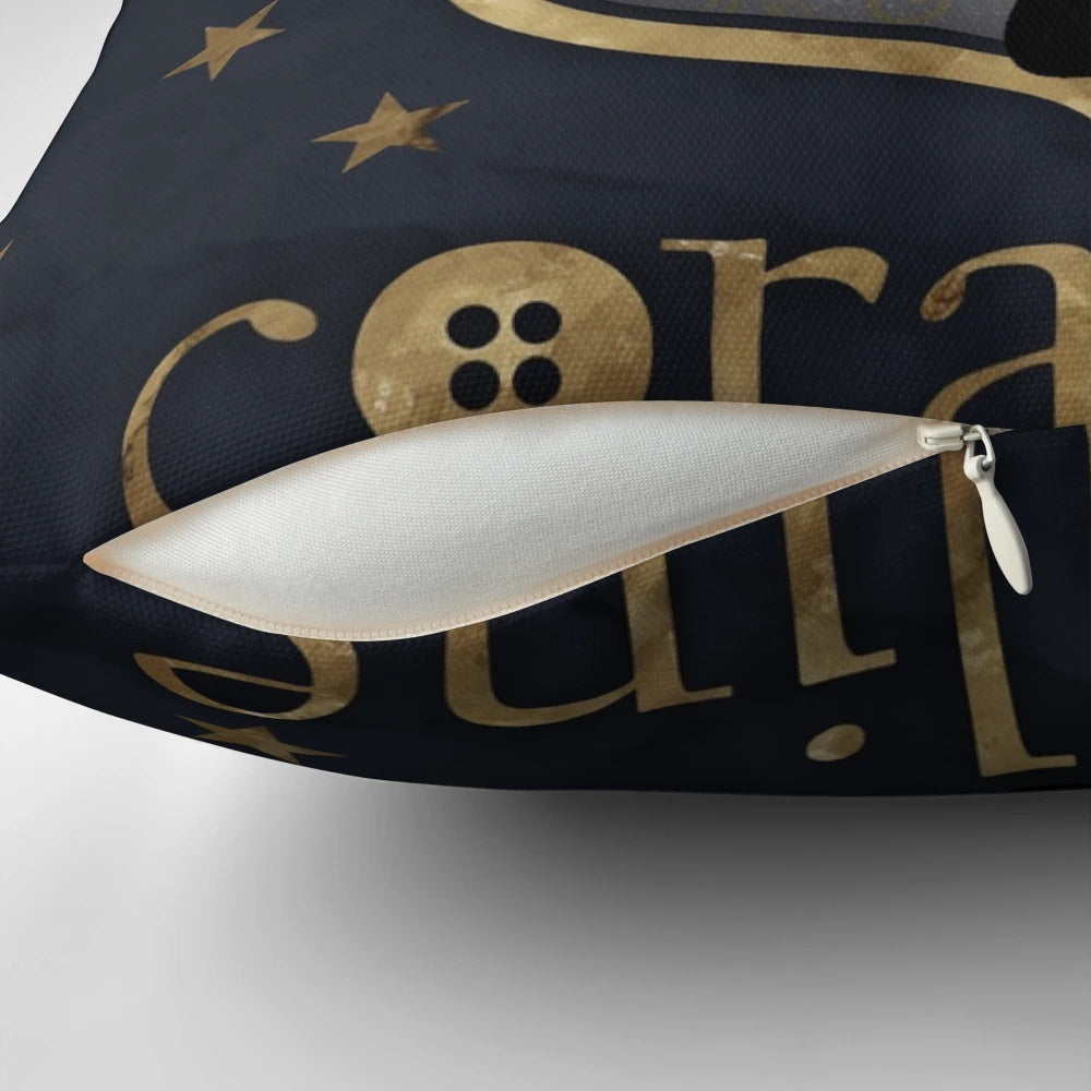 Coraline fanart pillow cover featuring a minimalist black cat design on a dark background with stars.