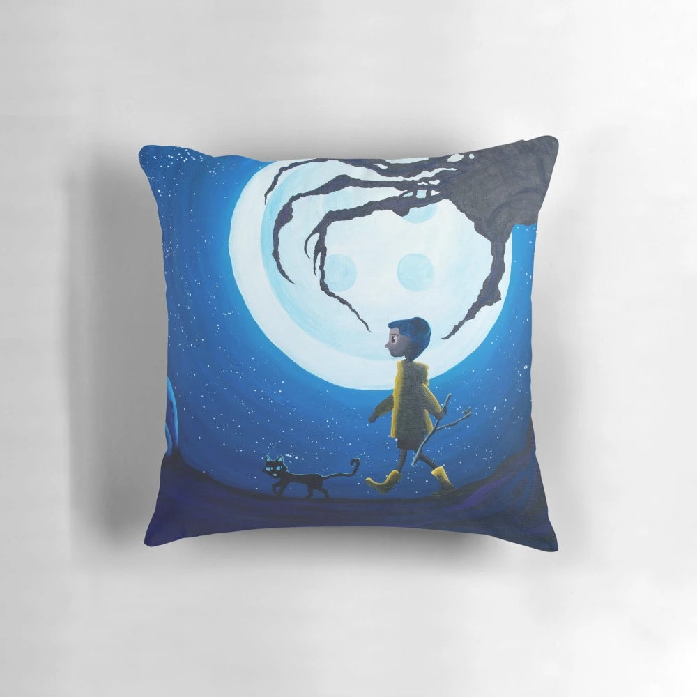 A coraline-themed decorative pillow featuring a night sky, moon, and silhouettes of a cat and tree