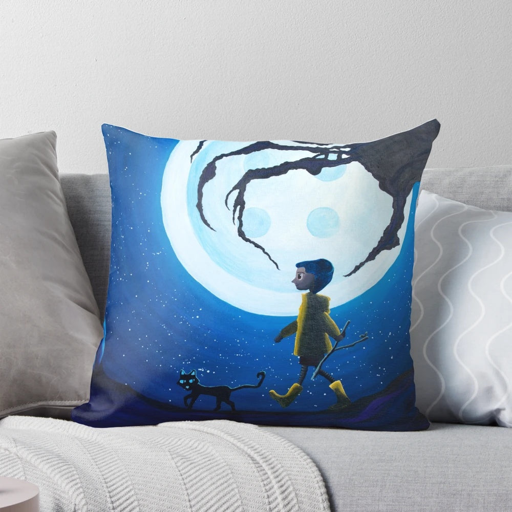 A coraline-themed decorative pillow featuring a night sky, moon, and silhouettes of a cat and tree
