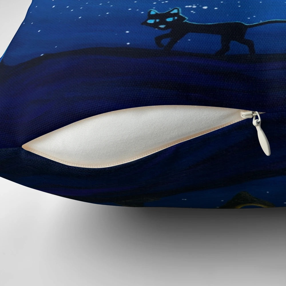 A coraline-themed decorative pillow featuring a night sky, moon, and silhouettes of a cat and tree