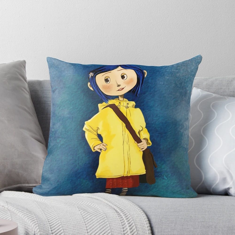 Coraline-themed decorative throw pillow featuring a whimsical character design
