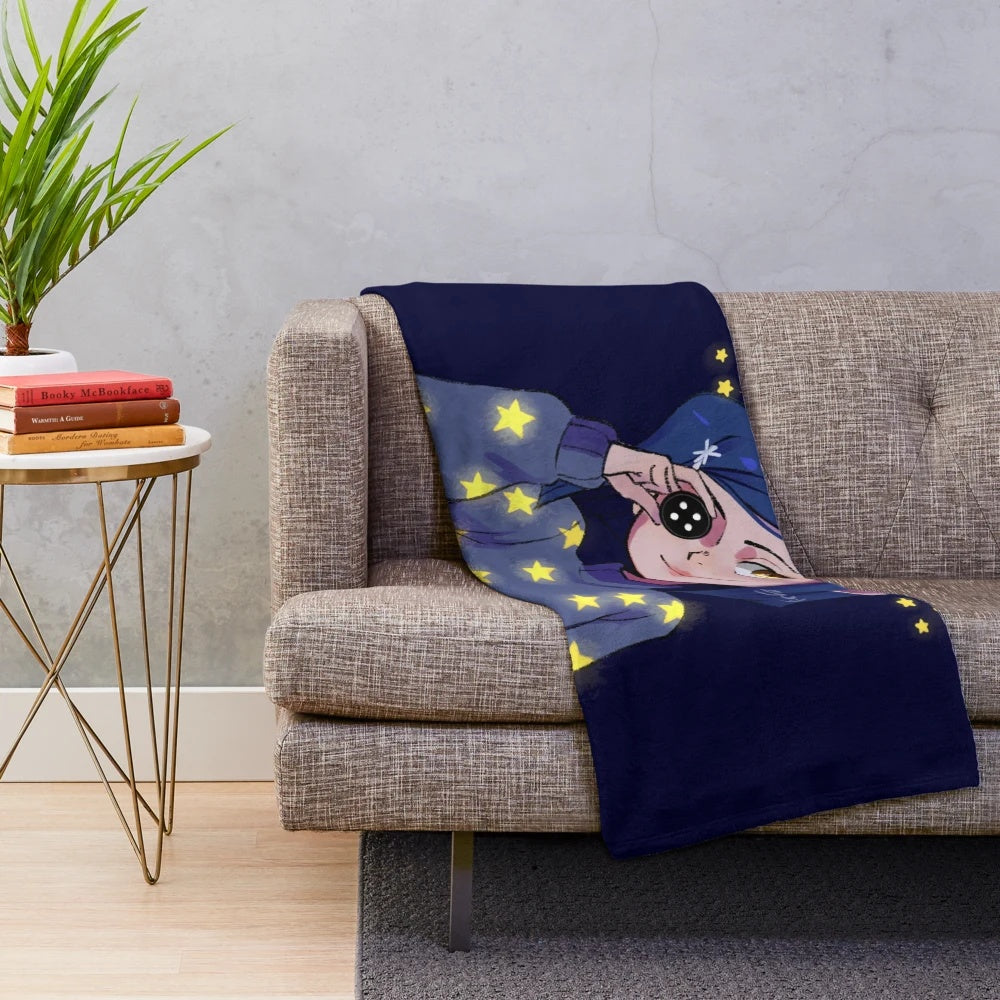 Coraline-inspired plush blanket with shining stars design