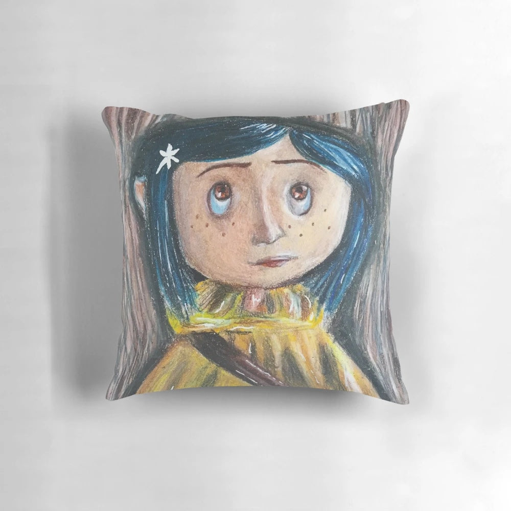 Coraline-themed decorative pillow with spooky, gothic, and cartoon-inspired designs