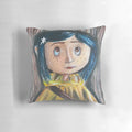 Coraline-themed decorative pillow with spooky, gothic, and cartoon-inspired designs