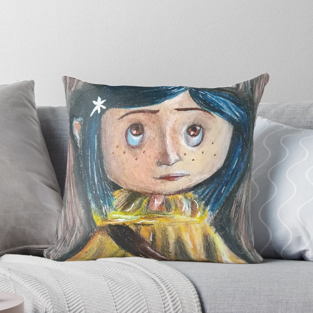 Coraline-themed decorative pillow with spooky, gothic, and cartoon-inspired designs