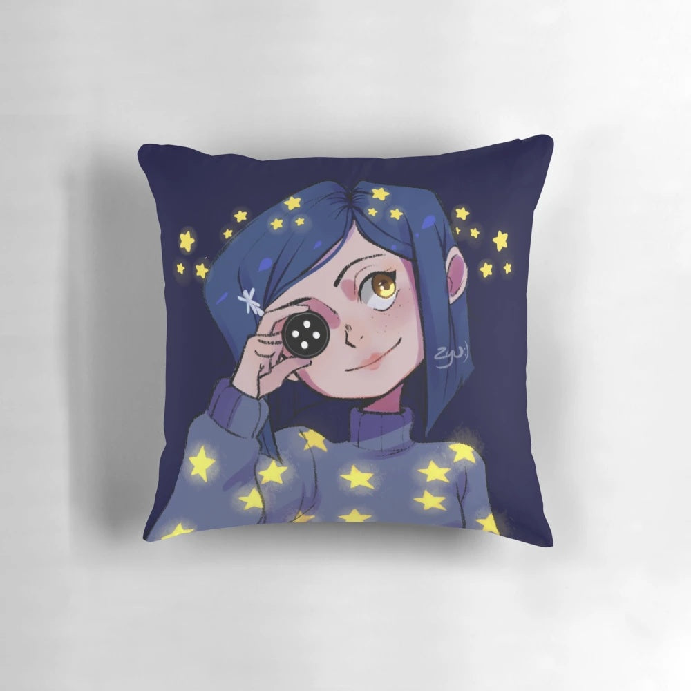 Coraline-themed pillow with shining stars, inspired by the dark and creepy stop motion film
