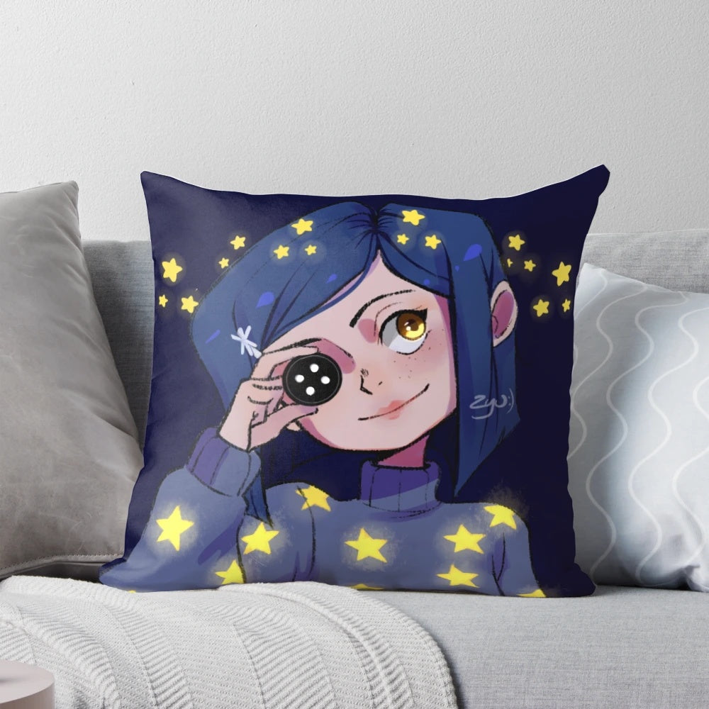 Coraline-themed pillow with shining stars, inspired by the dark and creepy stop motion film