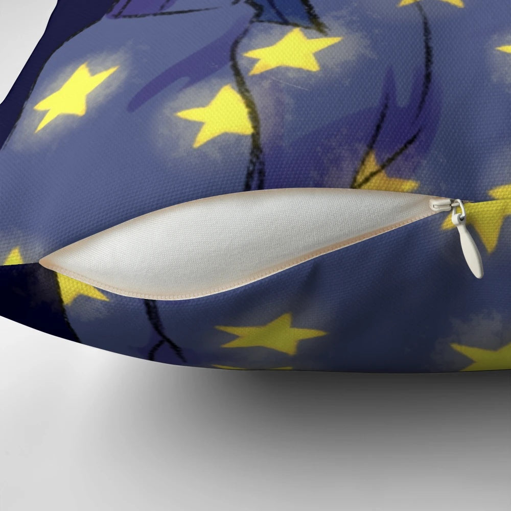 Coraline-themed pillow with shining stars, inspired by the dark and creepy stop motion film