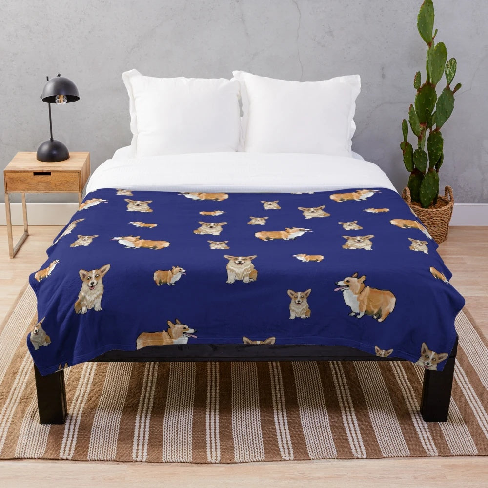 Corgi dog pattern plush blanket with soft blue background