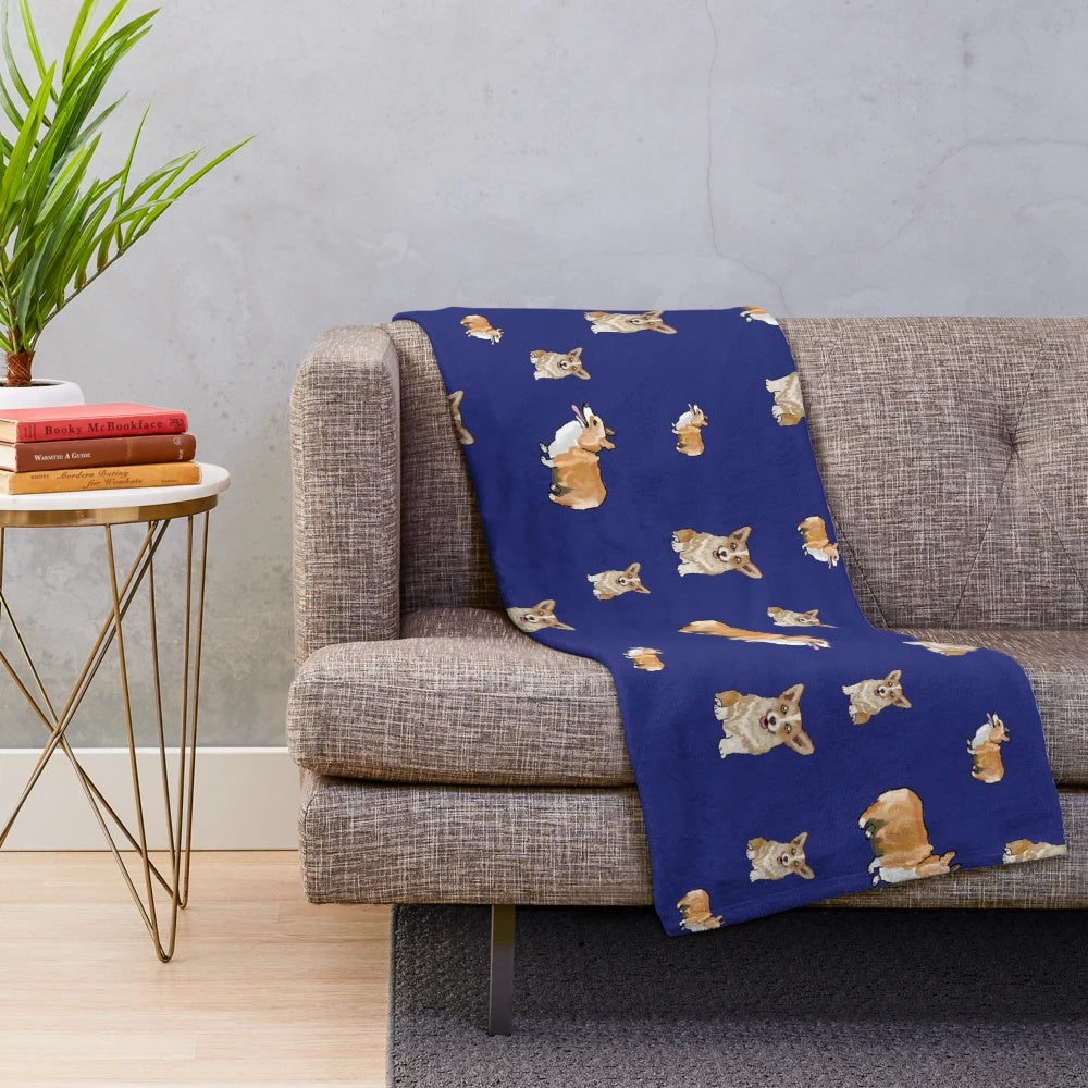 Corgi dog pattern plush blanket with soft blue background