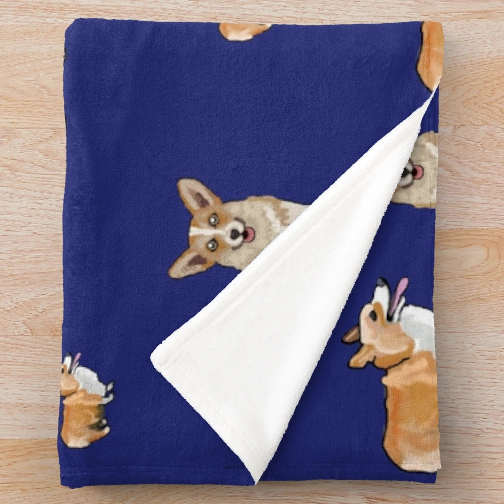 Corgi dog pattern plush blanket with soft blue background