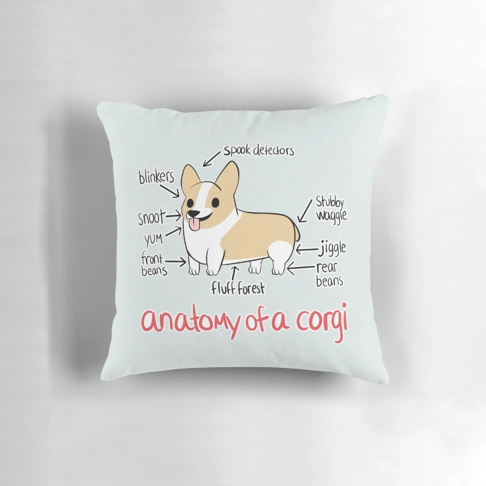Soft, fluffy corgi pillow with an illustration of a pembroke welsh corgi's anatomy