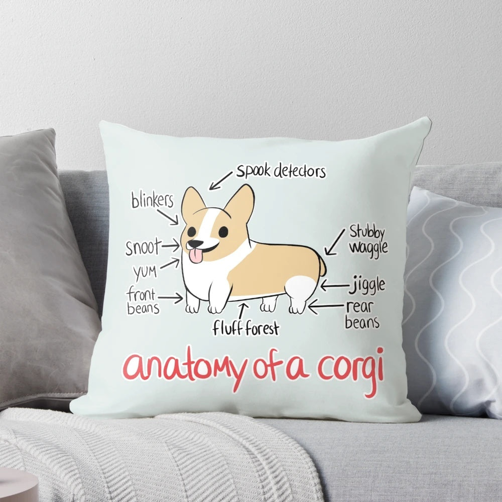 Soft, fluffy corgi pillow with an illustration of a pembroke welsh corgi's anatomy