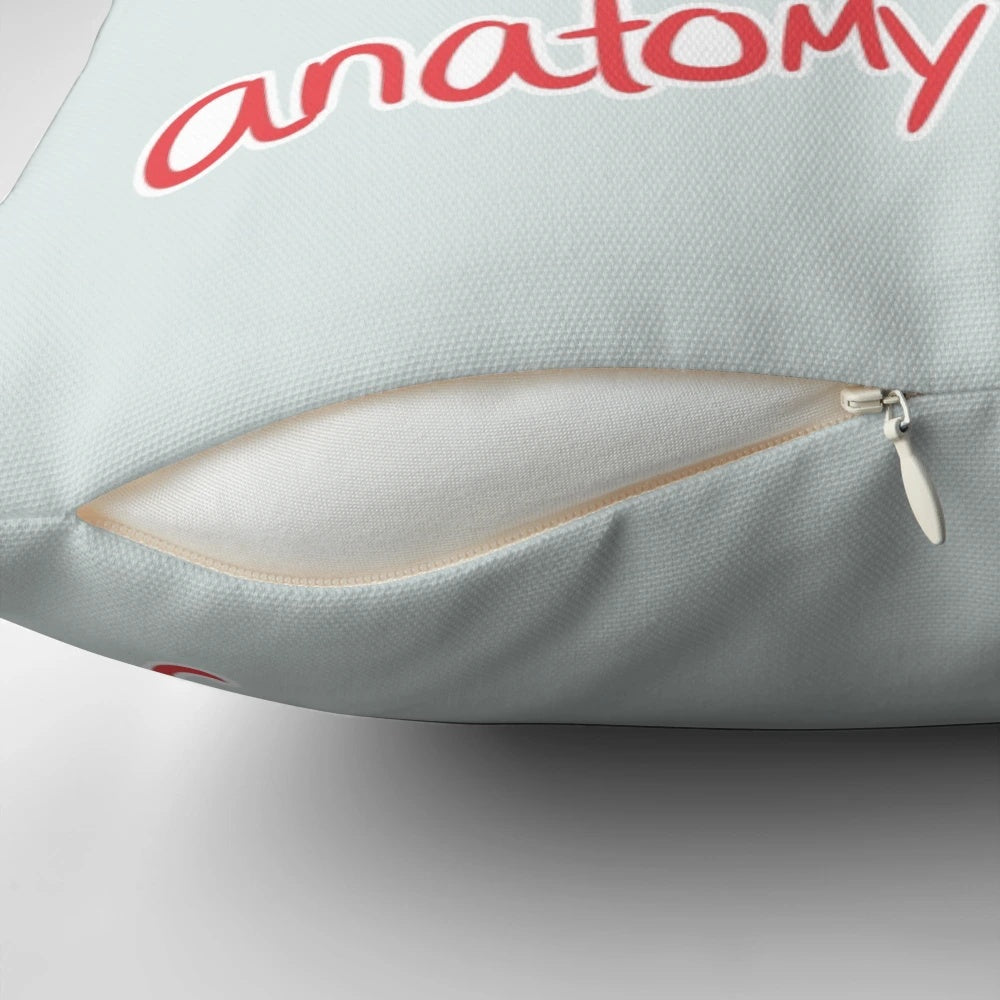 Soft, fluffy corgi pillow with an illustration of a pembroke welsh corgi's anatomy