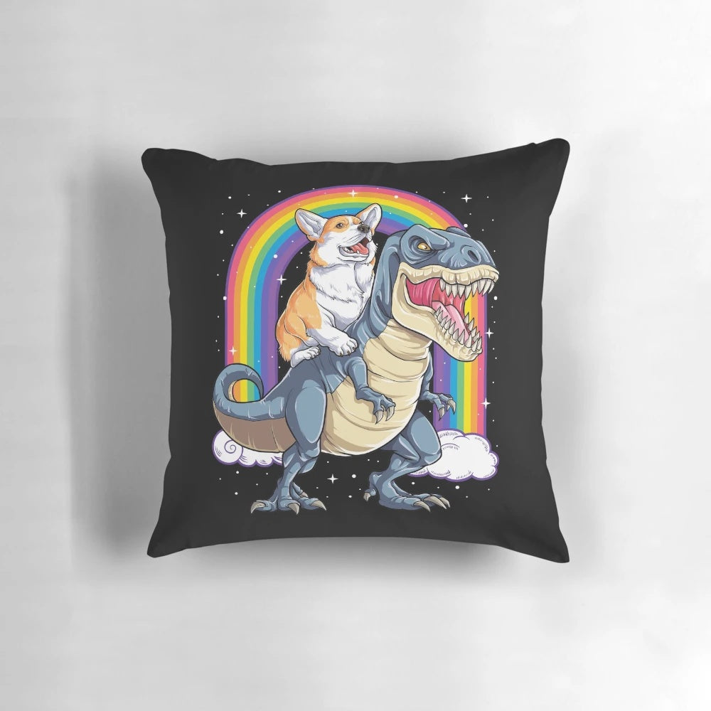 A person wearing a t-shirt featuring a corgi riding a T-Rex dinosaur with a rainbow background.
