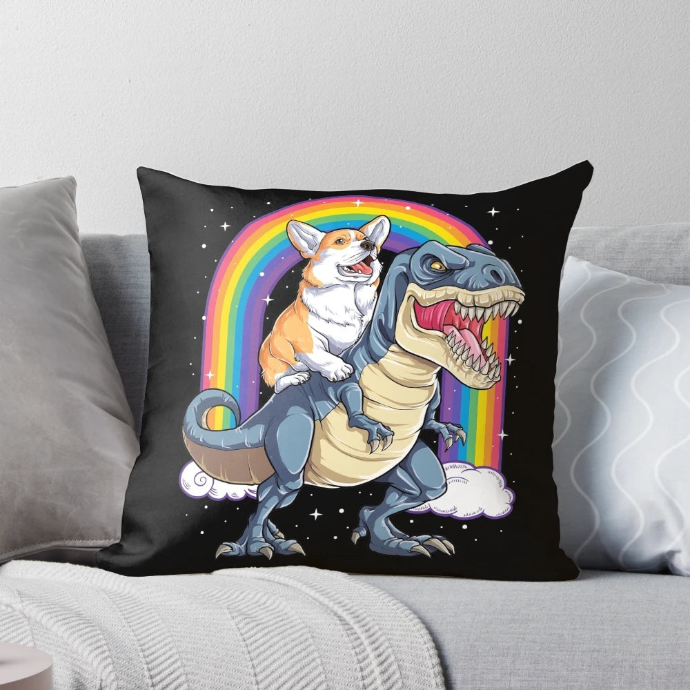 A person wearing a t-shirt featuring a corgi riding a T-Rex dinosaur with a rainbow background.