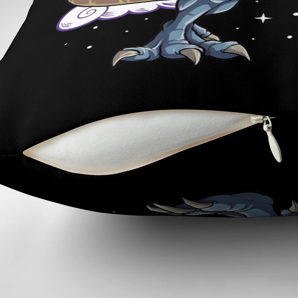A person wearing a t-shirt featuring a corgi riding a T-Rex dinosaur with a rainbow background.