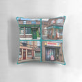 Coronation Street inspired pillow featuring Rovers Return, Roy's Rolls, The Kabin, and other iconic Coronation Street buildings